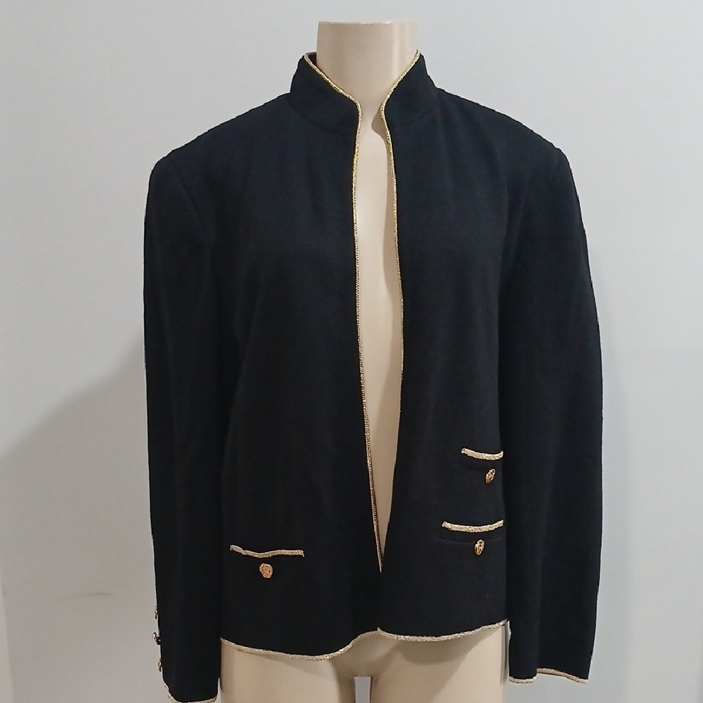 Elegant Vintage Black Jacket with Gold Trim, Sz M, Gentle Used, Excellent Cond.